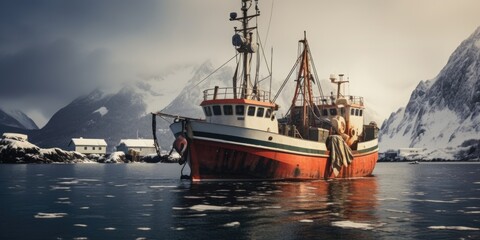 Poster - A picture of a red and white boat floating on a body of water. Suitable for various uses