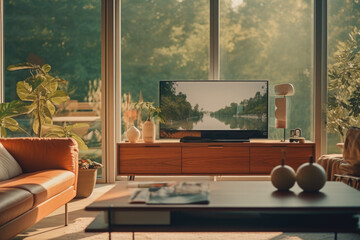 Poster - A comfortable living room filled with stylish furniture and featuring a modern flat screen TV. Perfect for showcasing a comfortable and inviting home environment.