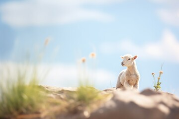 Wall Mural - lone lamb on a sunny cliff overlook