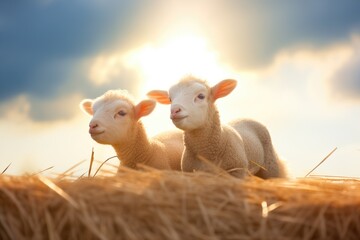 Wall Mural - trio of lambs beneath a billowy sunlit cloud