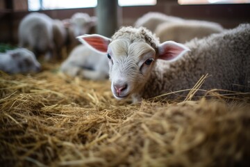 Wall Mural - several lambs lying on fresh hay in a pen