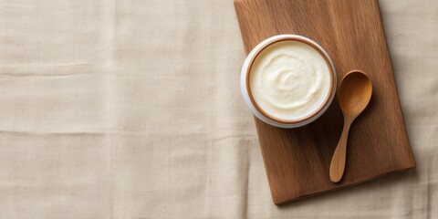  Curd in a cup on a table with burlap below. Top view with space.
