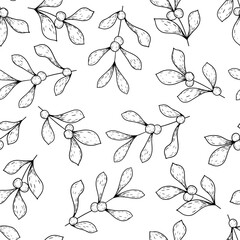 Wall Mural - Mistletoe Leaves Branch with Berries. Winter christmas seamless pattern