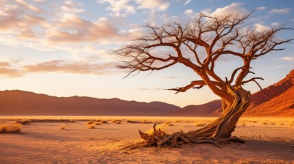 Aufkleber - A single tree stands alone in the vastness of a desert. Perfect for illustrating solitude and resilience. Ideal for use in environmental, travel, and inspirational themes