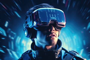 Poster - A man is pictured wearing a virtual reality headset. This image can be used to illustrate the concept of virtual reality technology and its applications