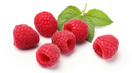 Wall Mural - Raspberries with leaves placed on a clean white surface. Suitable for food and beverage related projects