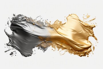 Poster - A dynamic image capturing the moment of gold and silver liquid splashing on a clean white surface. Perfect for various creative projects and design needs