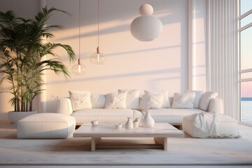 Aufkleber - A simple and elegant living room with a white couch and a table. Perfect for showcasing modern furniture and interior design ideas