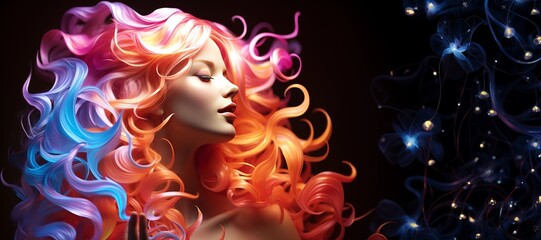 Wall Mural - an abstract portrait of a girl in a wide format with room for customization, set against a black bac