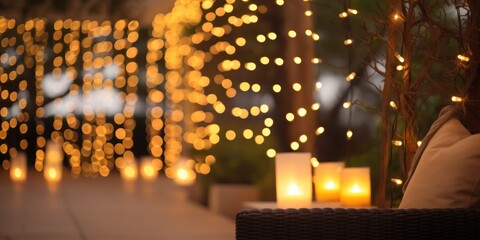 Wall Mural - Warm and beautiful scene that decorate the patio with warm white mini string lights to sparkle at night 