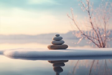 Poster - A pile of rocks sitting on top of a body of water. This image can be used to depict tranquility and balance in nature