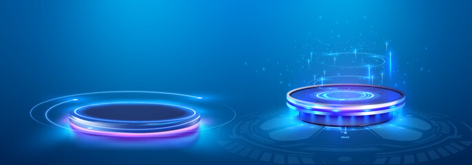 Leinwandbilder - Futuristic podiums, teleport platforms with neon glow and hologram effect.  3d futuristic platforms with blue neon beams isolated on blue background. Virtual reality, cyber space podiums. Vector