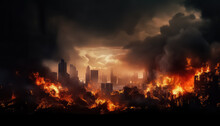 The City At Night Is Engulfed In Flames And Fire And Smoke Are Burning