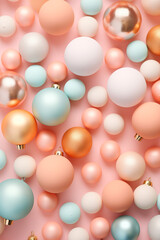 Wall Mural - Creative Christmas bubbles decoration pattern on peach fuzz background. Minimal pastel flat lay concept. 