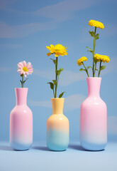 Wall Mural - Colorful flowers in vases on light blue background. Minimal pastel spring concept.
