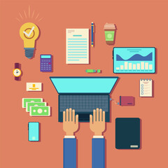 Top view of desk with business toolbox. Vector illustration of laptop, tablet, smartphone, watches, pen, documents, money. Business man working on computer