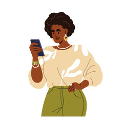 Wall Mural - Black woman holding smartphone in hand, reading online. Modern female character using mobile cell phone, surfing internet, social media. Flat graphic vector illustration isolated on white background