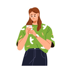 Poster - Woman using mobile phone. Girl holding smartphone, cell in hands. Young female in glasses, looking at cellphone, reading online, surfing internet. Flat vector illustration isolated on white background
