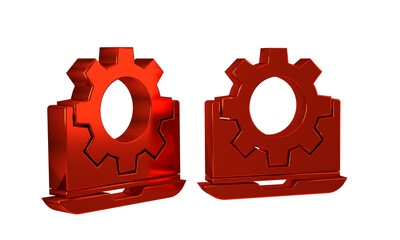 Poster - Red Laptop and gear icon isolated on transparent background. Adjusting app, setting options, maintenance, repair, fixing.