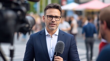 Media expert male talking to the camera on the street