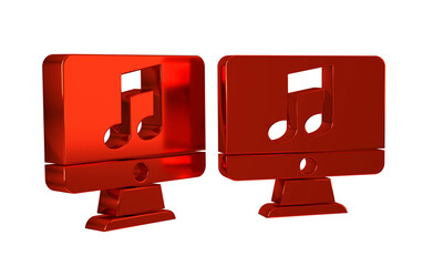 Sticker - Red Computer with music note symbol on screen icon isolated on transparent background.