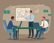 Business team meeting in office vector illustration. Manager near presentation with diagrams, two office employees at table with laptops. Teamwork, meeting, business discussion concept