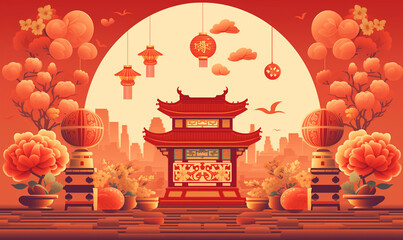 Wall Mural - Illustration of chinese festival on color background with asian elements.