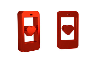 Poster - Red Smartphone with heart emoji speech bubble get message on screen icon isolated on transparent background. Valentines day.