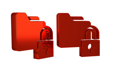 Poster - Red Folder and lock icon isolated on transparent background. Closed folder and padlock. Security, safety, protection concept.