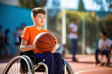 A disabled man in a wheelchair on a sports ground. Sports for people with disabilities. Basketball.