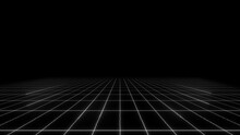 4K 3D Abstract Technology Dark Background. Random Dots And Grid. Data, Hi-tech Concept. Virtual Space. Motion Graphics Design. Backdrop, Wallpaper. Grid Infinite Space. Perspective Wireframe