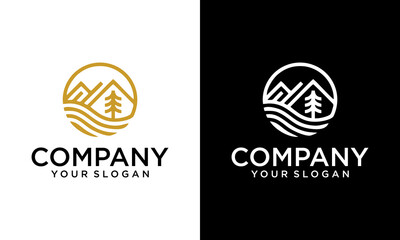 Aufkleber - Creative mountain line icon logo vector illustration design, landscape sunsethill line art logo design