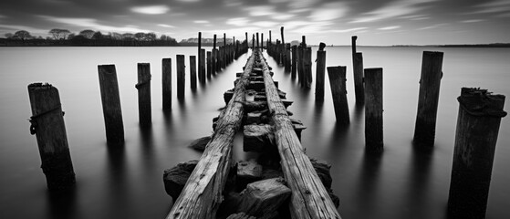 Wall Mural - Black and White Minimalist Landscape Photography, Long Exposure Anamorphic Wallpaper Poster Banner Background Digital Art