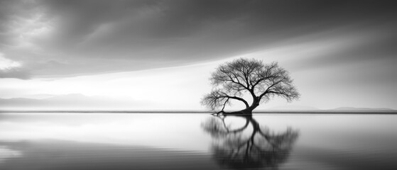 Wall Mural - Black and White Minimalist Landscape Photography, Long Exposure Anamorphic Wallpaper Poster Banner Background Digital Art