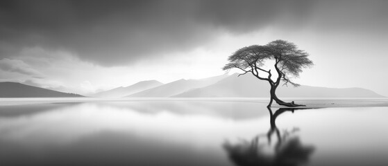 Wall Mural - Black and White Minimalist Landscape Photography, Long Exposure Anamorphic Wallpaper Poster Banner Background Digital Art