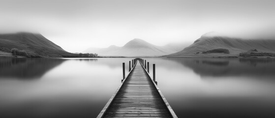 Wall Mural - Black and White Minimalist Landscape Photography, Long Exposure Anamorphic Wallpaper Poster Banner Background Digital Art