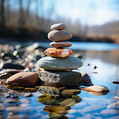 A stack of pebbles or rocks against a fall outdoor backdrop