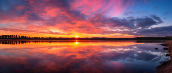 serene sunrise panorama: tranquil reflections on a lake's horizon