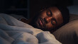 Handsome African man peacefully sleeping on a bed. Restful sleep, asleep. Generative AI.
