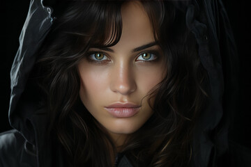 portrait of a beautiful young brunette woman with green eyes