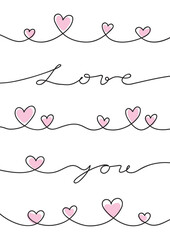 Wall Mural - valentines day card with heart and love you text, one line art vector illustration, minimalistic linear design 