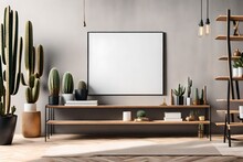Interior Design Of Living Room With Black Poster Mock Up Frame, Shelf, Cacti, Plant, Books, Photo Camera, Wooden Ladder And Elegant Personal Accessoreis. Grunge Wall. Stylis
