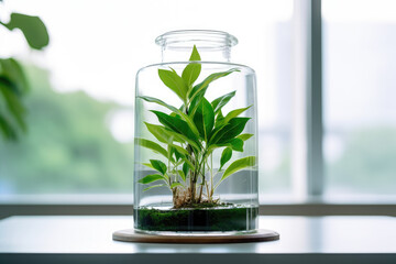 Aufkleber - Plant research, green plant in a glass jar in a laboratory. Ecological breeding and plant development.