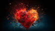 Explodierendes rotes Herz in Farbpartikeln