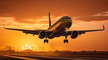 Landing A Plane Against A Golden Sky At Sunset. Passenger Aircraft Flying Up In Sunset Light. The Concept Of Fast Travel, Recreation And Business