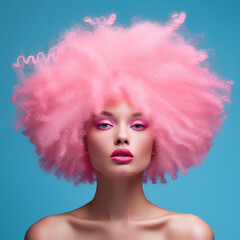 Wall Mural - Woman with pink afro hair on a blue background.