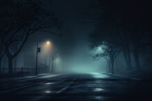 A Mysterious, Foggy Night In The City, With Dim Streetlights Casting An Eerie Glow.