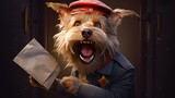 Fototapeta  - An animated dog in a postman's uniform joyfully delivers mail.