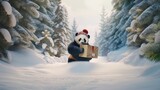 Fototapeta  - 
A panda bear dressed warmly delivers a package in a snowy forest.