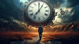 Fototapeta  - A man faces a giant clock amidst a surreal twilight, symbolizing the passage of time.
